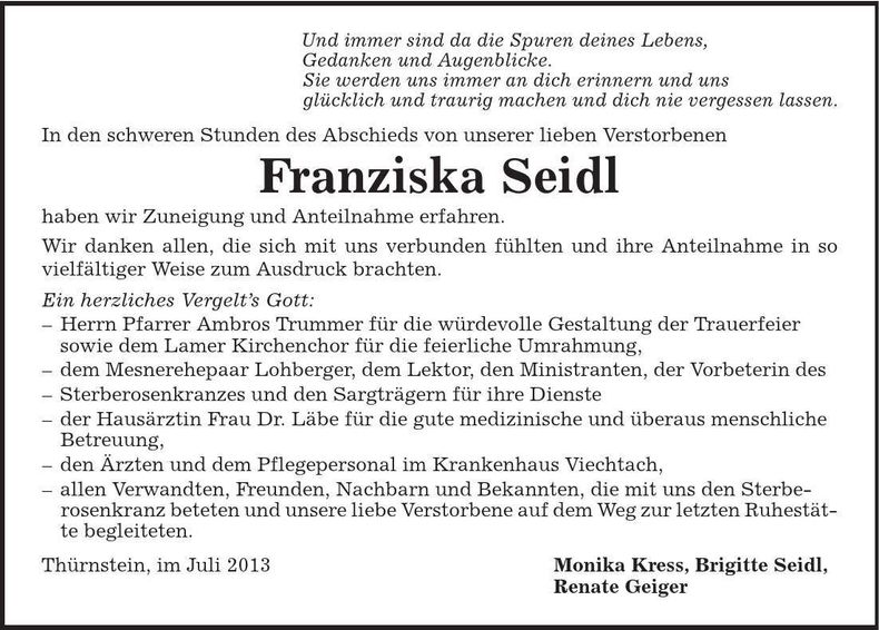 Traueranzeige Franziska Seidl
