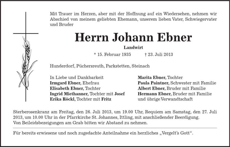 Traueranzeige Johann Ebner
