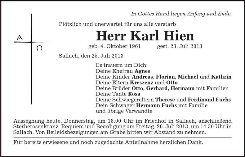Traueranzeige Karl Hien