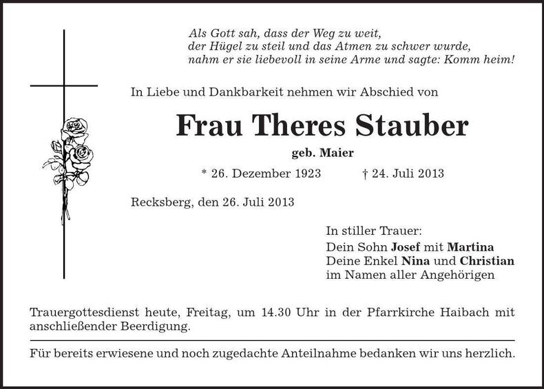 Traueranzeige Theres Stauber