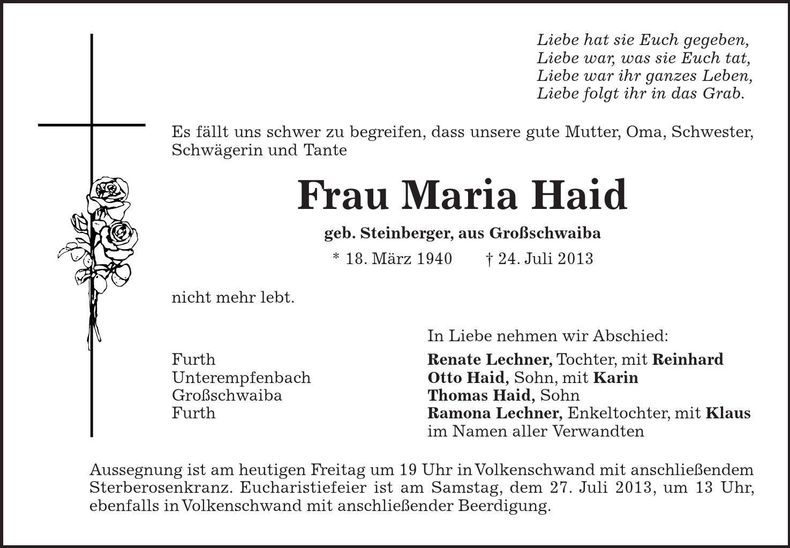 Traueranzeige Maria Haid