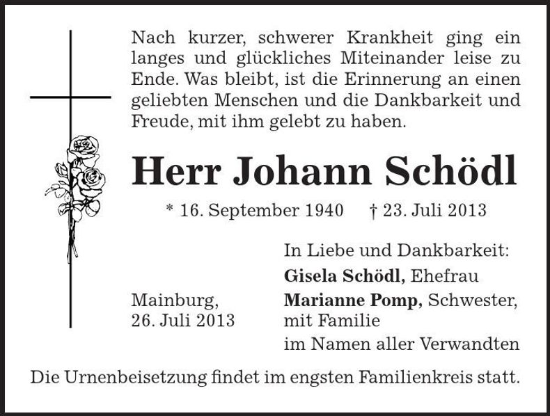 Traueranzeige Johann Schödl