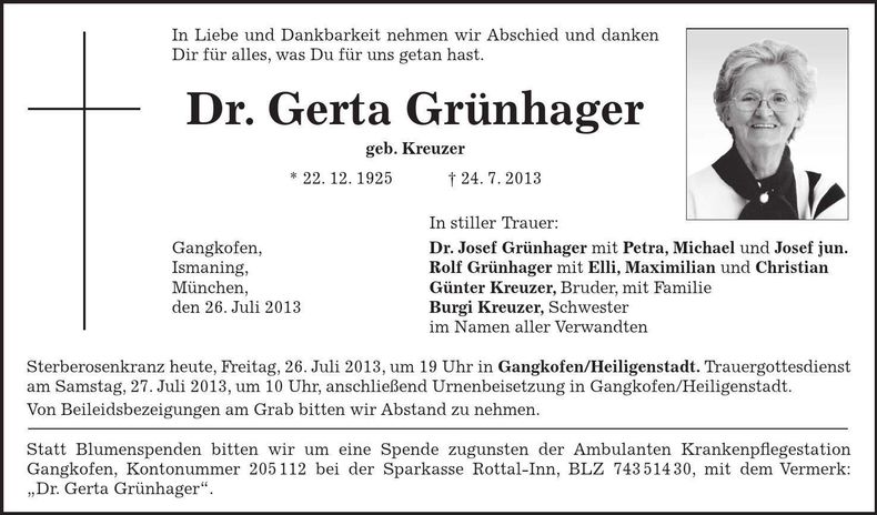 Traueranzeige Gerta Grünhager Dr.