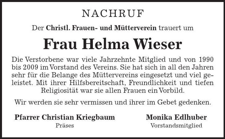 Traueranzeige Helma Wieser