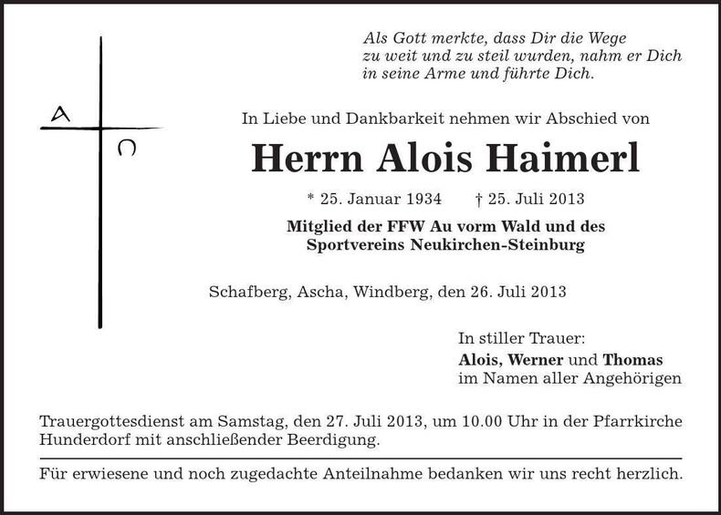 Traueranzeige Alois Haimerl