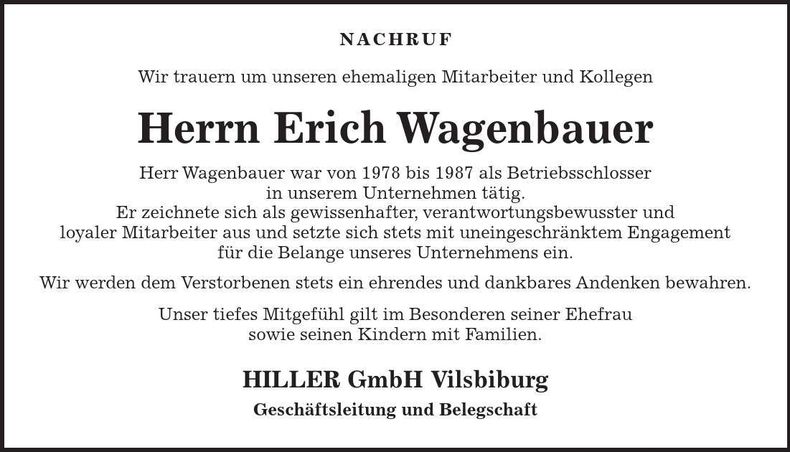 Traueranzeige Erich Wagenbauer