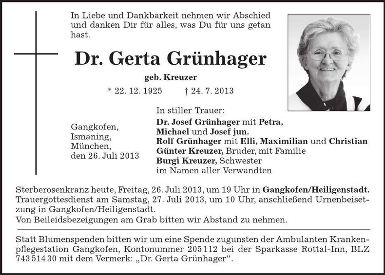 Traueranzeige Gerta Grünhager Dr.