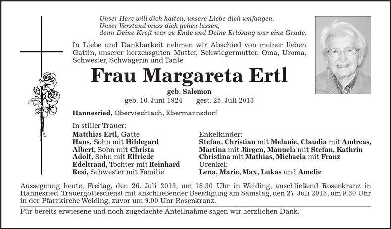 Traueranzeige Margareta Ertl