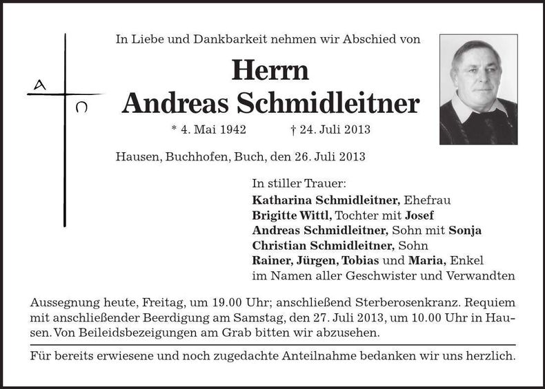 Traueranzeige Andreas Schmidleitner