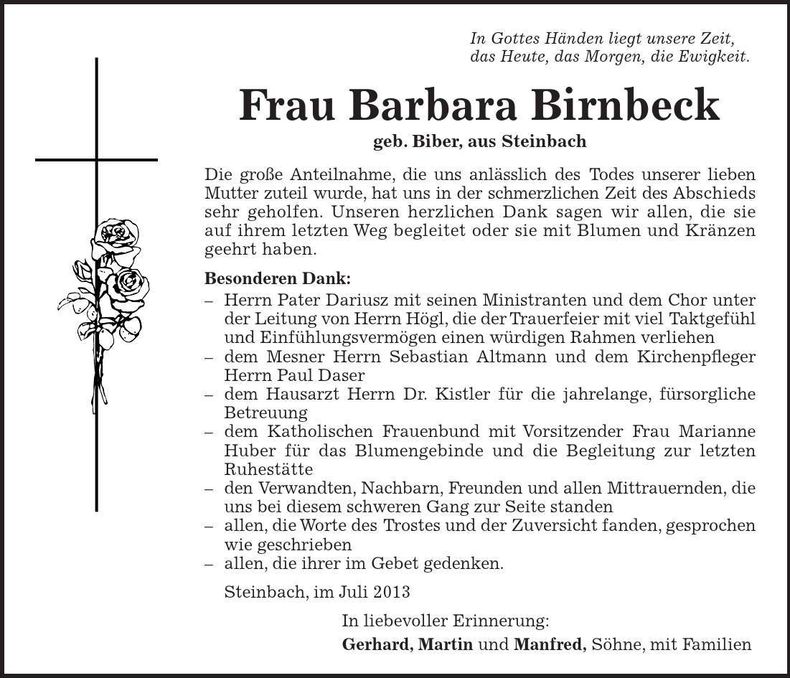 Traueranzeige Barbara Birnbeck