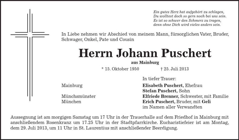 Traueranzeige Johann Puschert