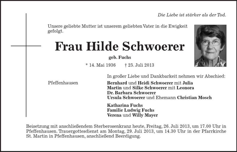 Traueranzeige Hilde Schwoerer