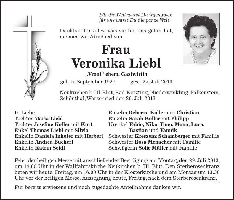 Traueranzeige Veronika Liebl