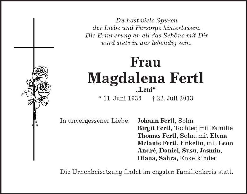 Traueranzeige Magdalena Fertl