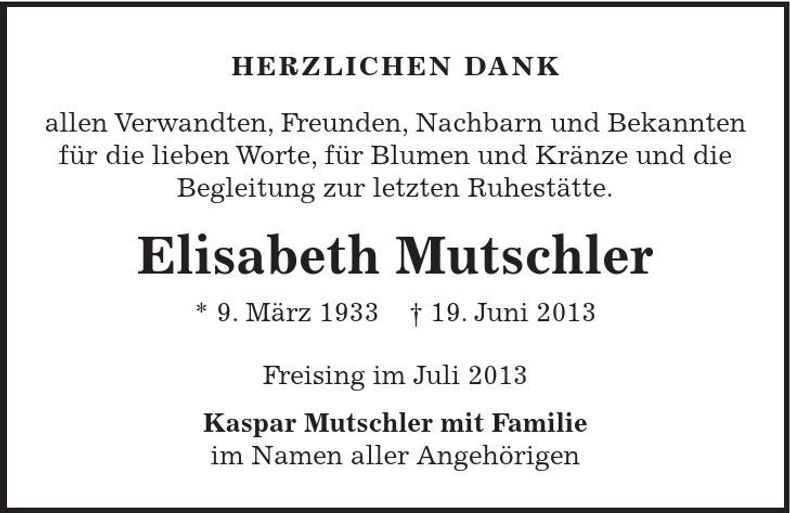 Traueranzeige Elisabeth Mutschler