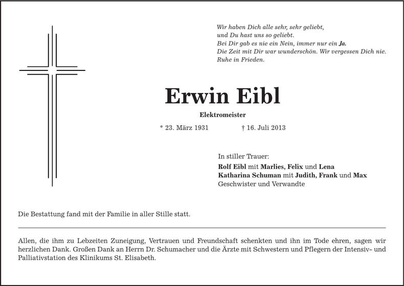Traueranzeige Erwin Eibl