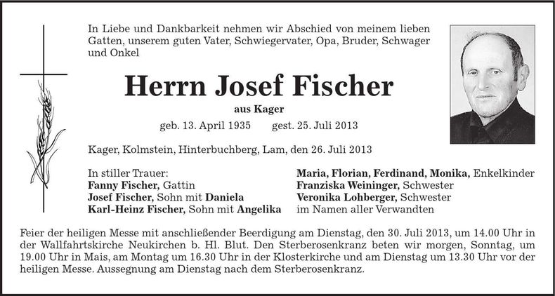 Traueranzeige Josef Fischer