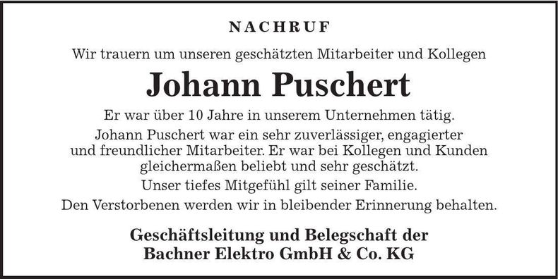 Traueranzeige Johann Puschert