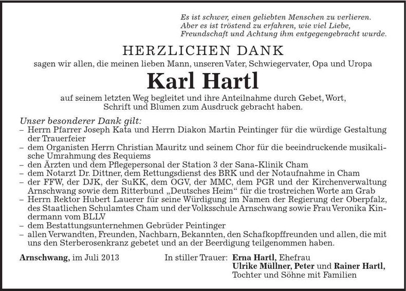 Traueranzeige Karl Hartl