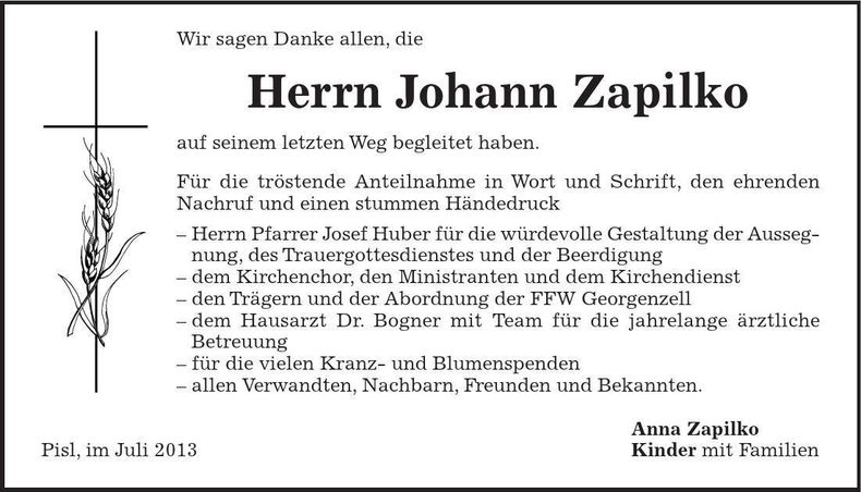 Traueranzeige Johann Zapilko