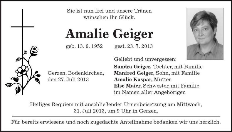 Traueranzeige Amalie Geiger