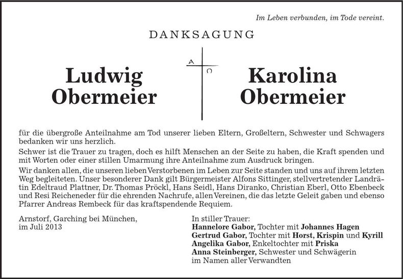 Traueranzeige Ludwig und Karolina Obermeier