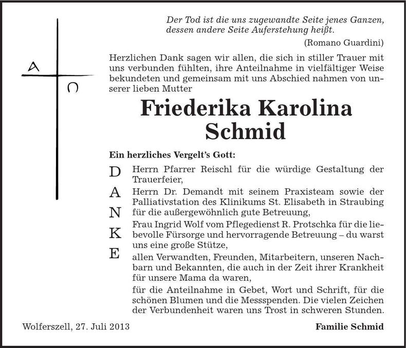 Traueranzeige Friederika Karolina Schmid