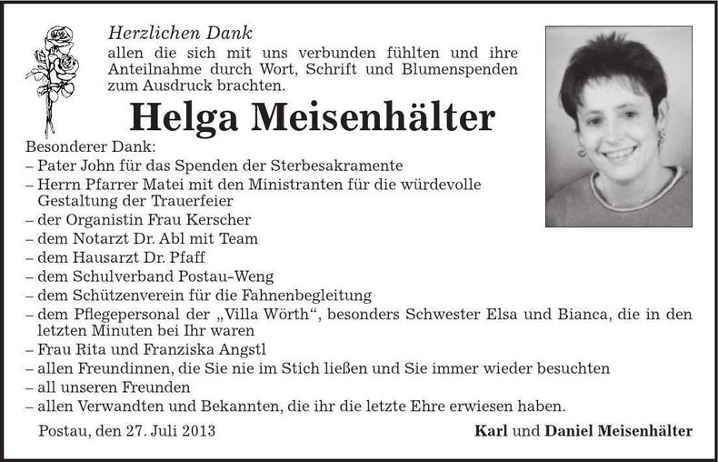 Traueranzeige Helga Meisenhälter