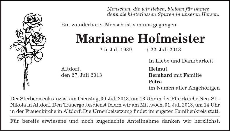 Traueranzeige Marianne Hofmeister