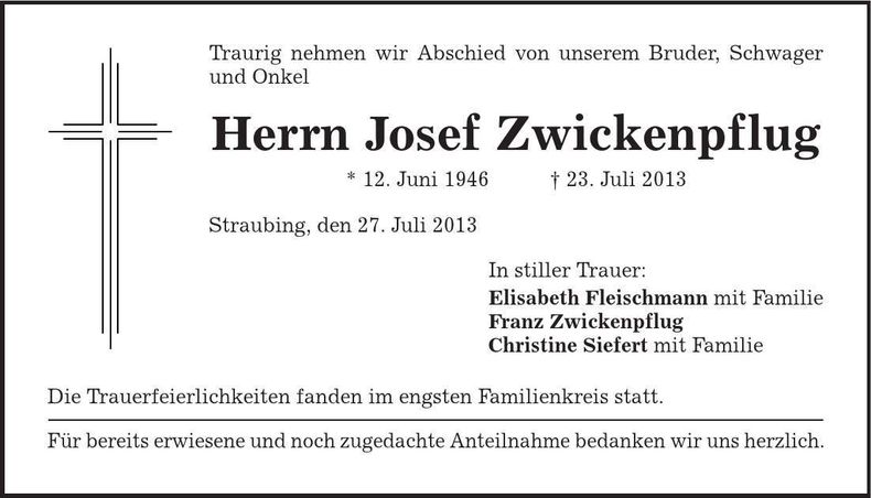 Traueranzeige Josef Zwickenpflug