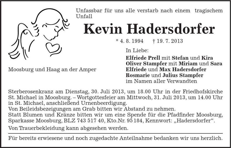 Traueranzeige Kevin Hadersdorfer