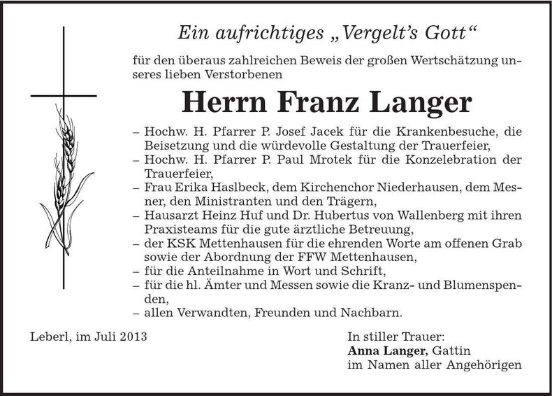 Traueranzeige Franz Langer