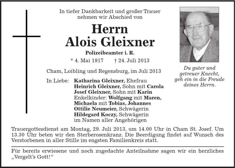 Traueranzeige Alois Gleixner