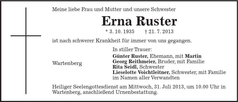 Traueranzeige Erna Ruster