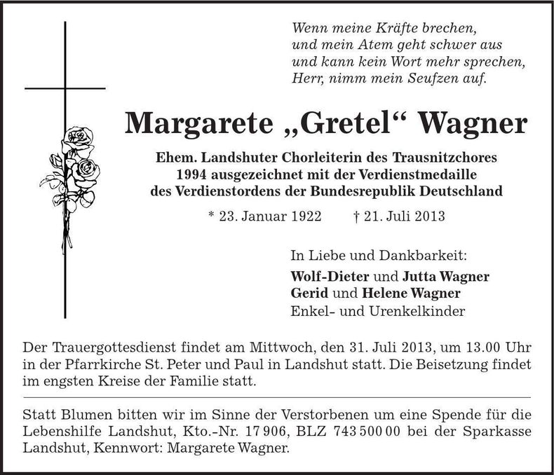 Traueranzeige Margarete Wagner