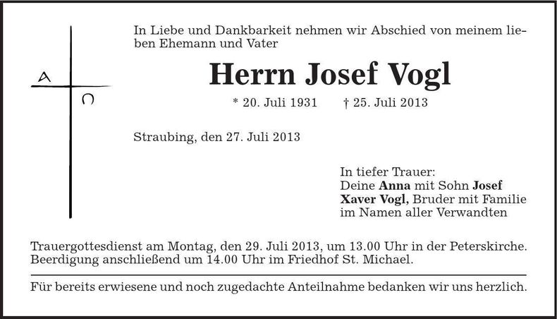 Traueranzeige Josef Vogl