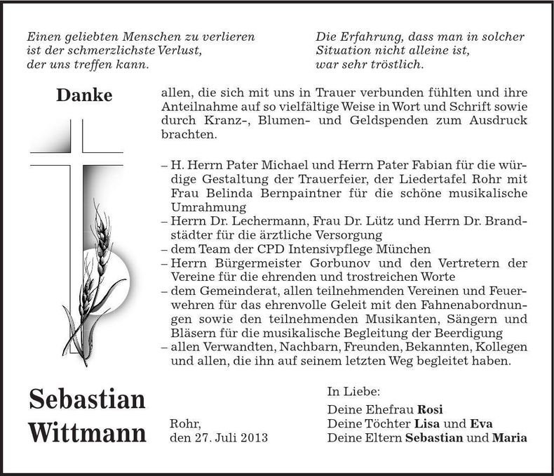 Traueranzeige Sebastian Wittmann