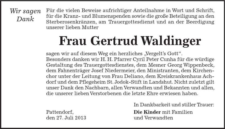 Traueranzeige Gertrud Waldinger