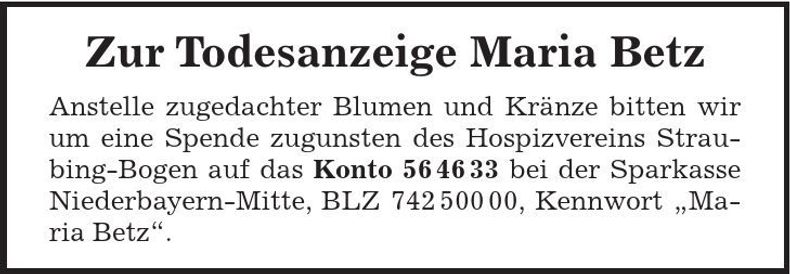 Traueranzeige Maria Betz