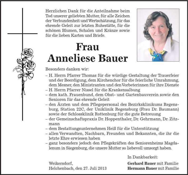 Traueranzeige Anneliese Bauer