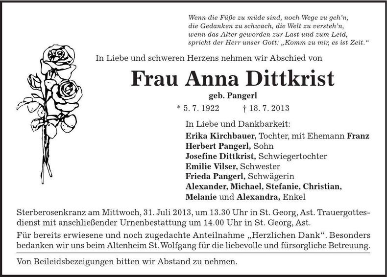Traueranzeige Anna Dittkrist