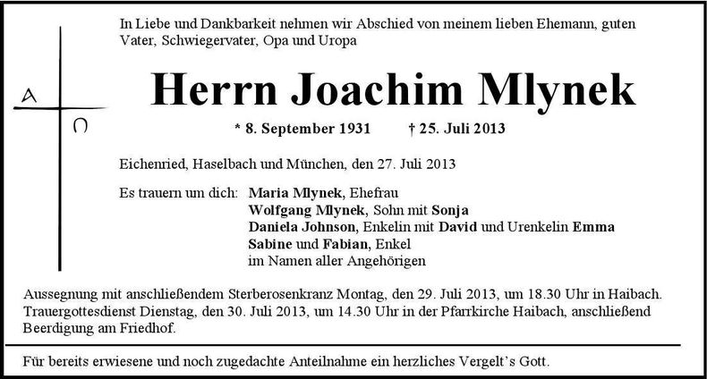 Traueranzeige Joachim Mlynek