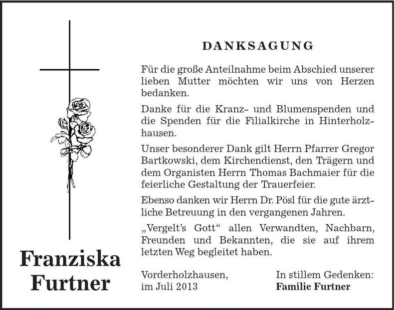 Traueranzeige Franziska Furtner