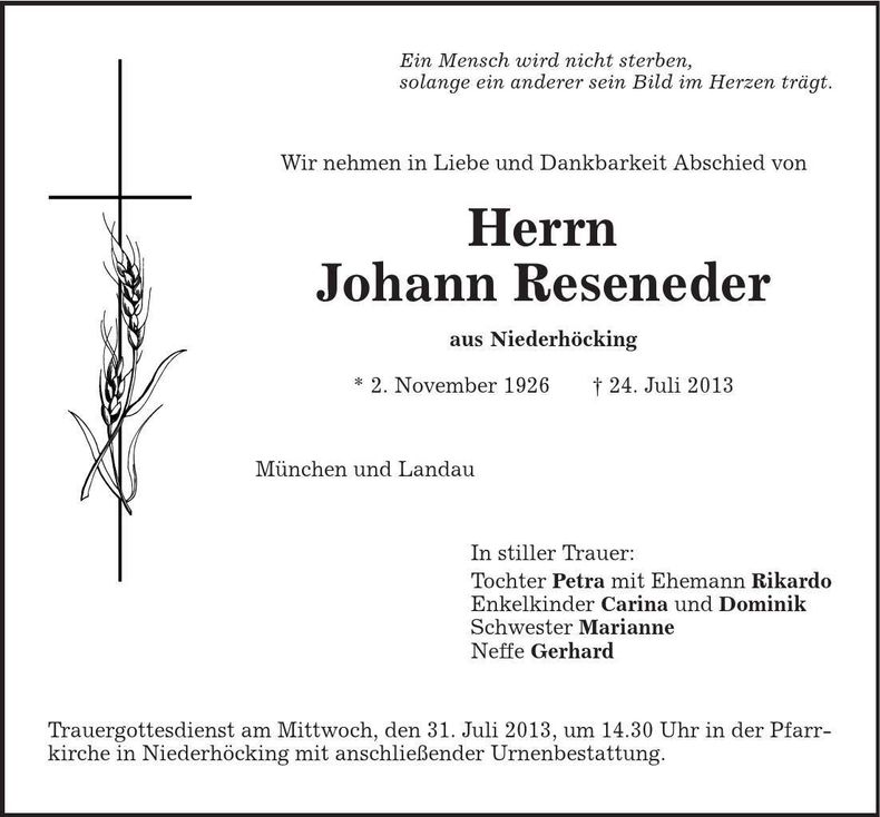 Traueranzeige Johann Reseneder
