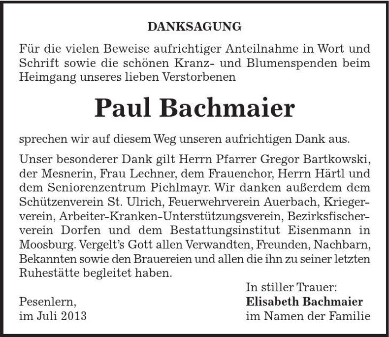 Traueranzeige Paul Bachmaier