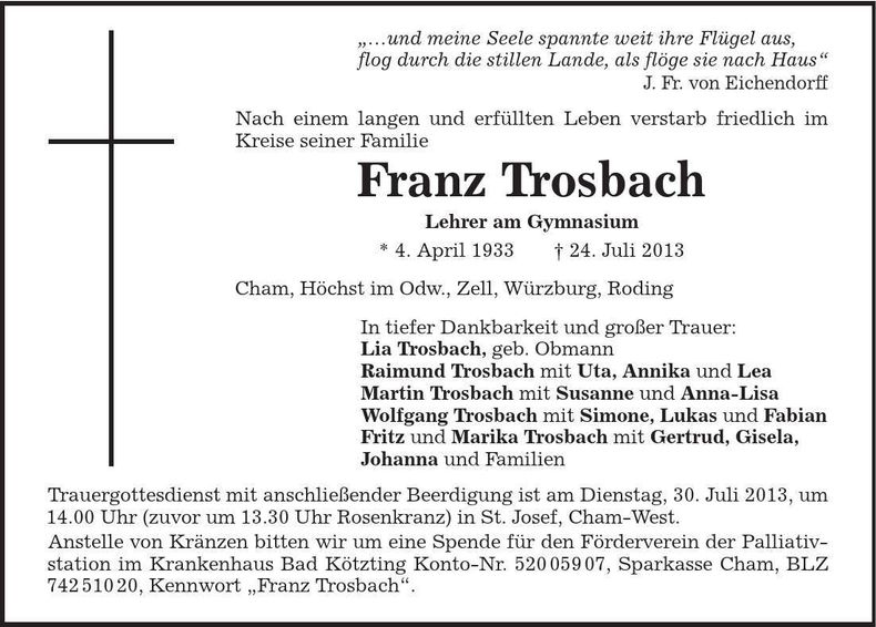 Traueranzeige Franz Trosbach