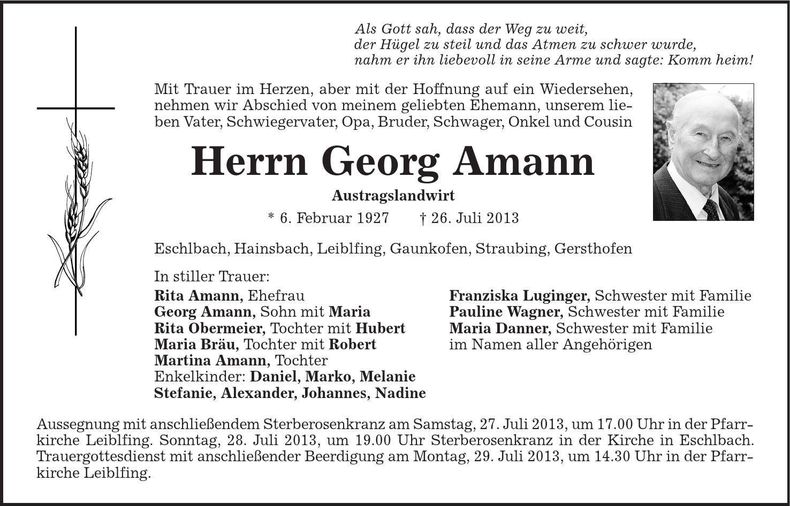 Traueranzeige Georg Amann