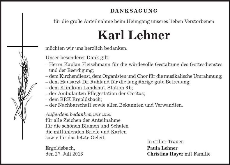 Traueranzeige Karl Lehner