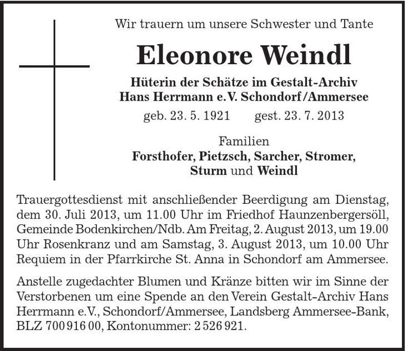 Traueranzeige Eleonore Weindl
