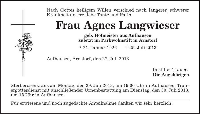 Traueranzeige Agnes Langwieser